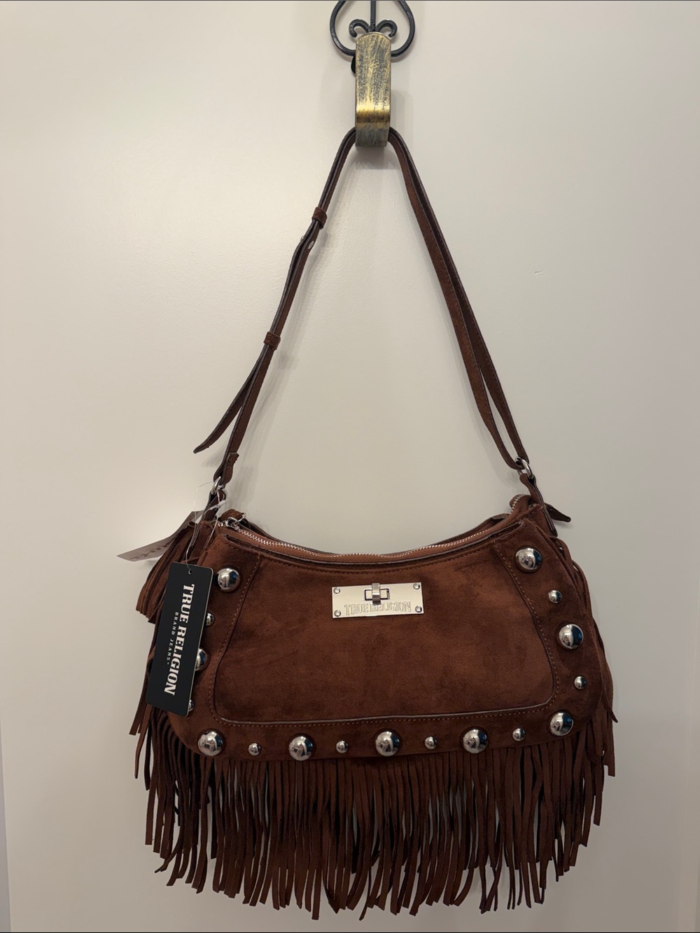 NWT-VIRAL True Religion Brown Suede Fringe Shoulder Bag with Stud Accents m